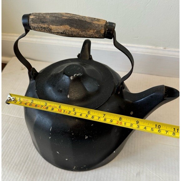 Vintage Black Wagner Ware Colonial Tea Kettle Cast Aluminum Wood Handle Sidney O - Picture 5 of 9